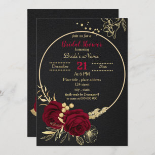 burgundy gold floral circle black bridal shower in invitation