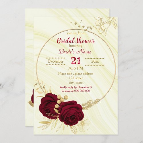 burgundy gold floral circle marble bridal shower invitation