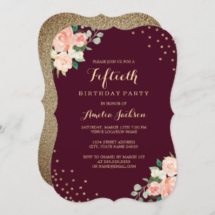 Burgundy Gold Floral Confetti 50th Birthday Party Invitation