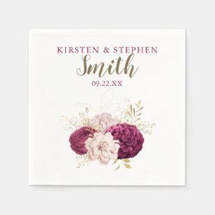 Burgundy & Gold Floral Custom Cocktail Wedding Napkins