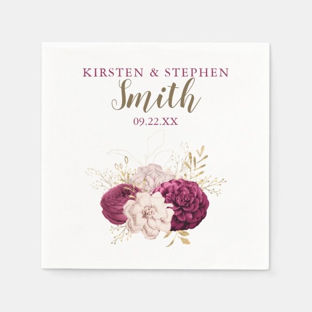 Burgundy & Gold Floral Custom Cocktail Wedding Napkins (Front)