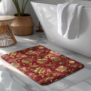 Burgundy & Gold Floral Damasks Pattern Bath Mat