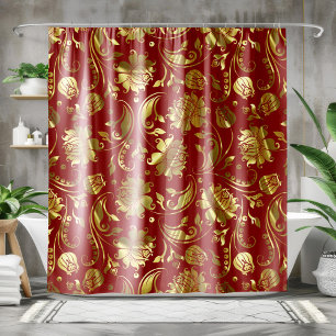 Burgundy & Gold Floral Damasks Pattern Shower Curtain