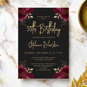 Burgundy Gold Floral Dark 50th Birthday Party Invitation
