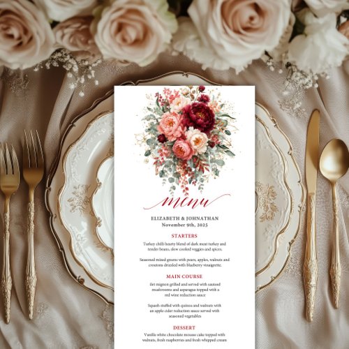 Burgundy Gold Floral Deep Red Boho Theme wedding  Menu