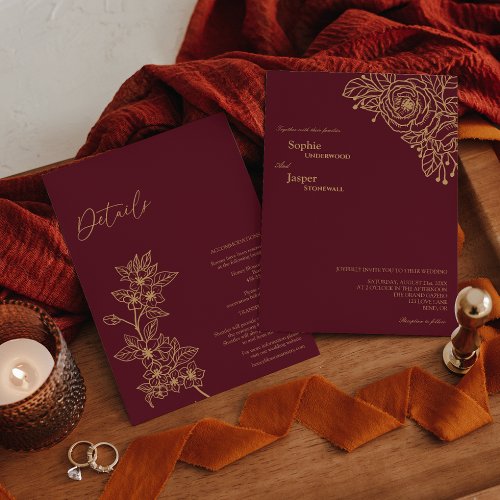 Burgundy Gold Floral Details All In One Wedding Invitation