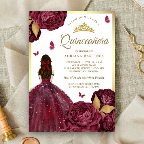 Burgundy Gold Floral Dress Butterfly Quinceanera Invitation