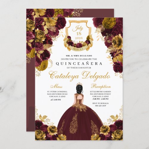 Burgundy  Gold Floral Elegant Quinceaera Invitation