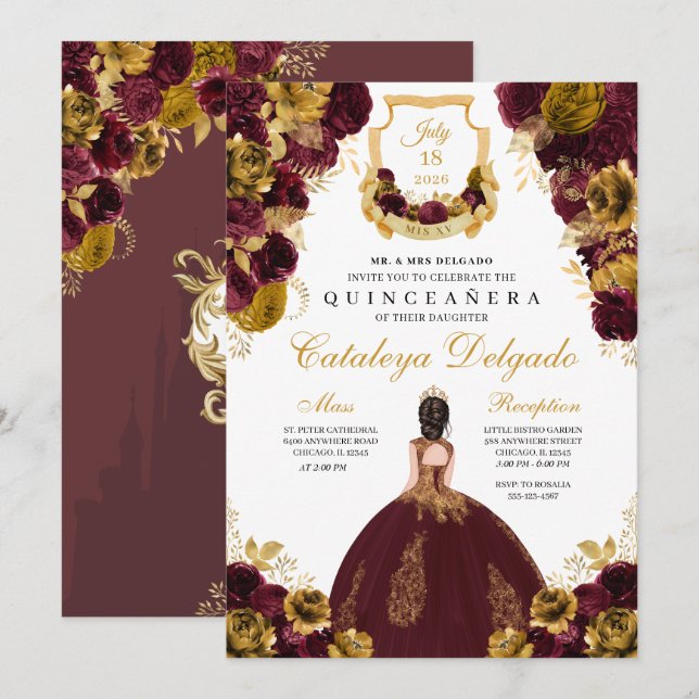 Burgundy & Gold Floral Elegant Quinceañera Invitation (Front/Back)
