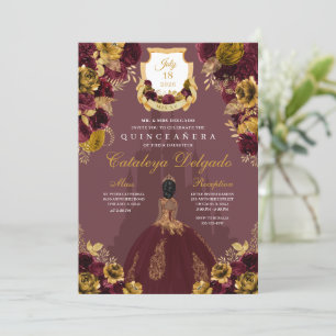 Burgundy & Gold Floral Elegant Quinceañera Invitation