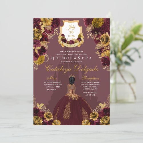 Burgundy  Gold Floral Elegant Quinceaera Invitation