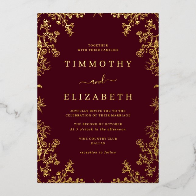 Burgundy Gold Floral Elegant Wedding Foil  Foil Invitation (Front)