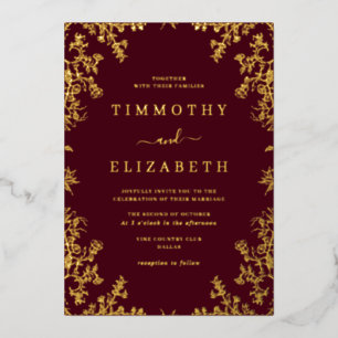 Burgundy Gold Floral Elegant Wedding Foil Invitation