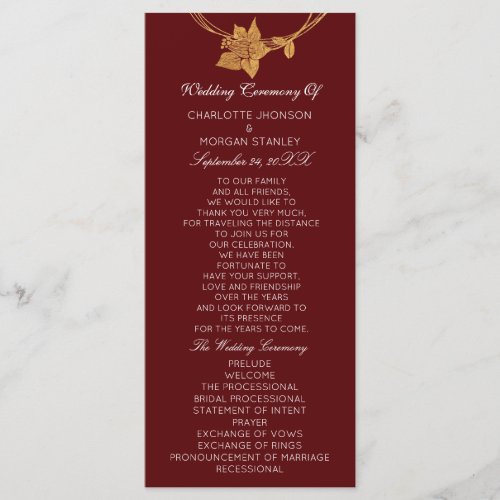 Burgundy Gold Floral Event Wedding Program Maroon