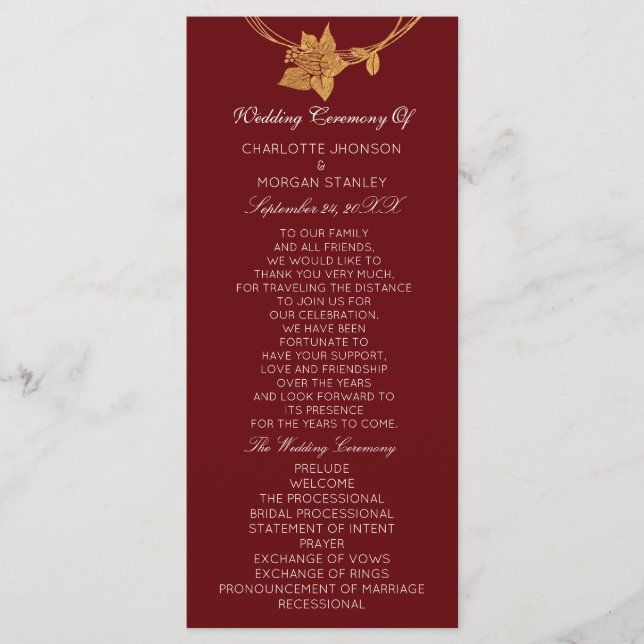 Burgundy Gold Floral Event Wedding Program Maroon1 (Front)