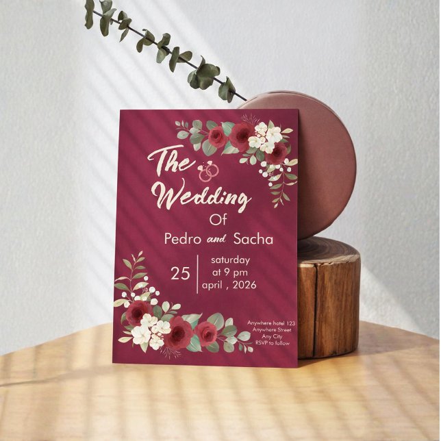 Burgundy Gold Floral Fall Winter Wedding Invitation (Creator Uploaded)