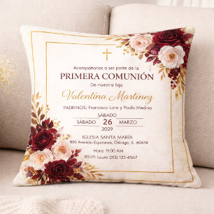 Burgundy & Gold Floral First Communion Throw Pillow