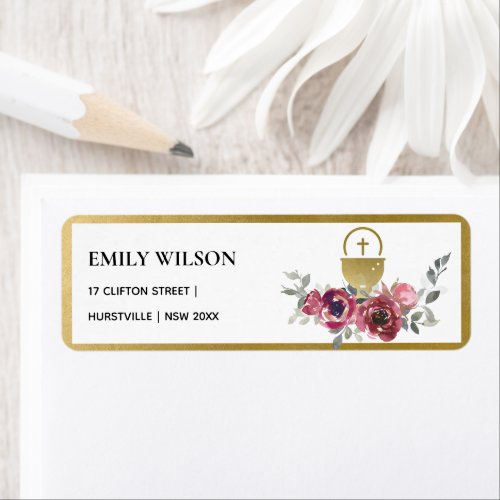 BURGUNDY GOLD FLORAL FIRST HOLY COMMUNION ADDRESS LABEL
