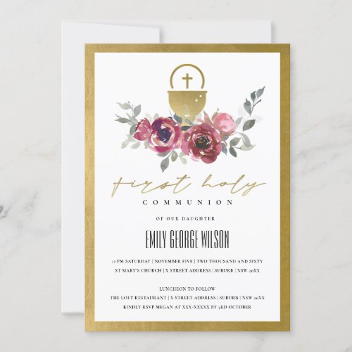 BURGUNDY GOLD FLORAL FIRST HOLY COMMUNION INVITE