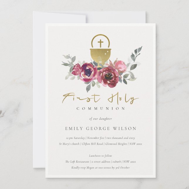 BURGUNDY GOLD FLORAL FIRST HOLY COMMUNION INVITE (Front)