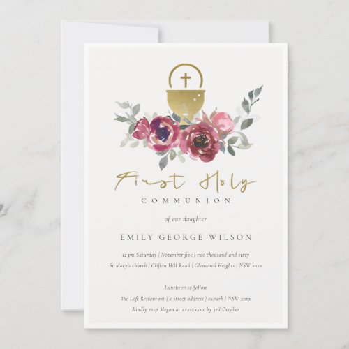 BURGUNDY GOLD FLORAL FIRST HOLY COMMUNION INVITE