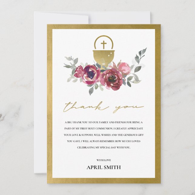 BURGUNDY GOLD FLORAL FIRST HOLY COMMUNION THANK YOU CARD (Front)