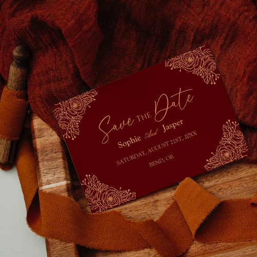 Burgundy Gold Floral Flat Save The Date Card