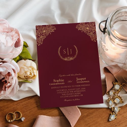 Burgundy Gold Floral Formal Monogram Wedding Invitation
