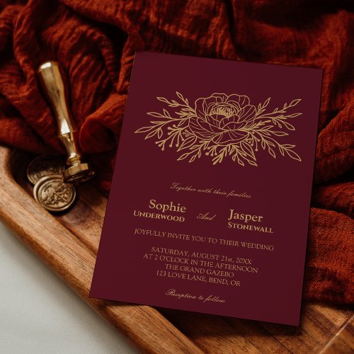 Burgundy Gold Floral Formal Wedding Invitation