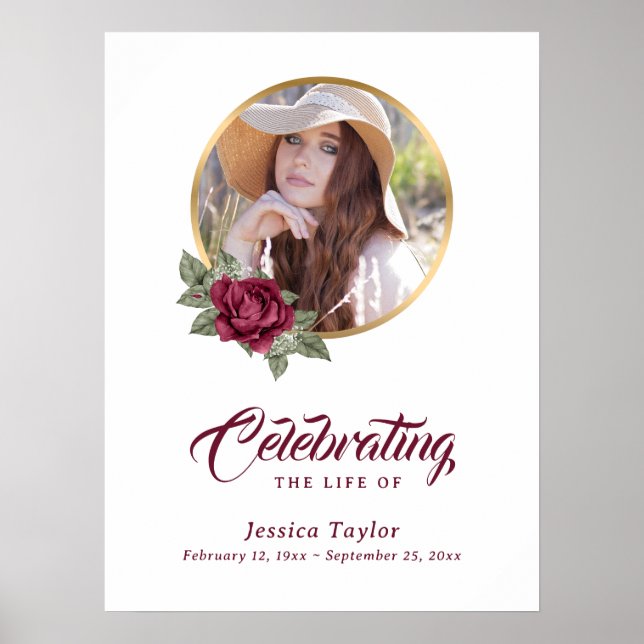 Burgundy Gold Floral Funeral Photo Welcome Sign (Front)