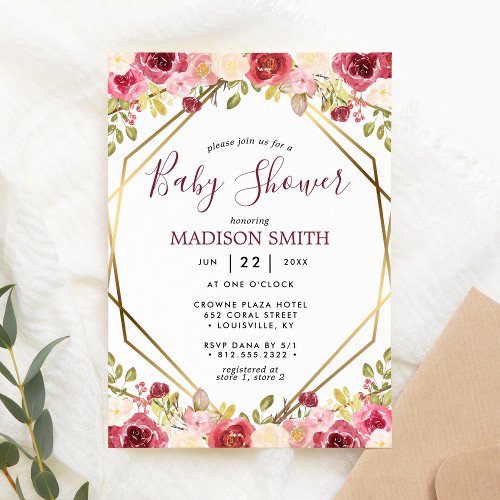 Burgundy Gold Floral Geometric Baby Shower Invitation