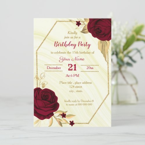 burgundy gold floral geometric birthday party invitation