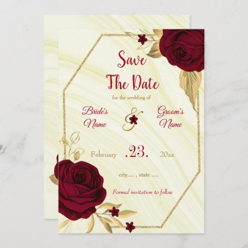 burgundy  gold floral geometric save the date