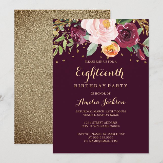 Burgundy Gold Floral Glitter 18th Birthday Party Invitation (Front/Back)