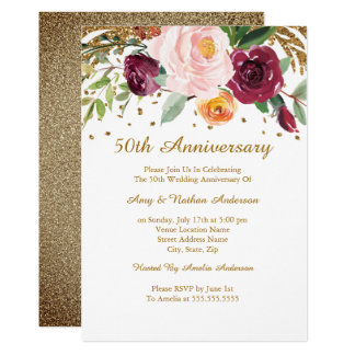 Burgundy Gold Floral Glitter 50th Anniversary Invitation
