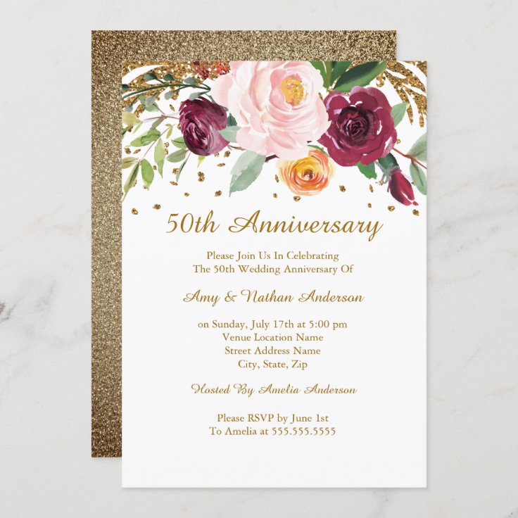 Burgundy Gold Floral Glitter 50th Anniversary Invitation | Zazzle