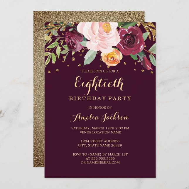 Burgundy Gold Floral Glitter 80th Birthday Party Invitation (Front/Back)