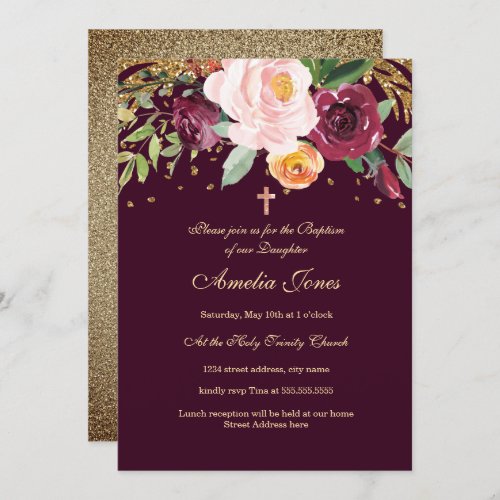 Burgundy Gold Floral Glitter Baptism Invitation