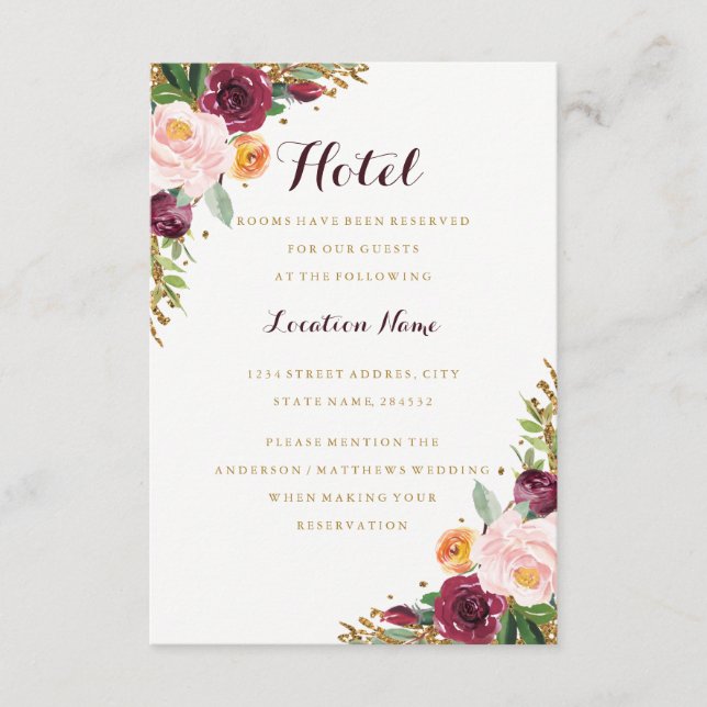 Burgundy Gold Floral Glitter Hotel Accommodation Enclosure Card (Front)