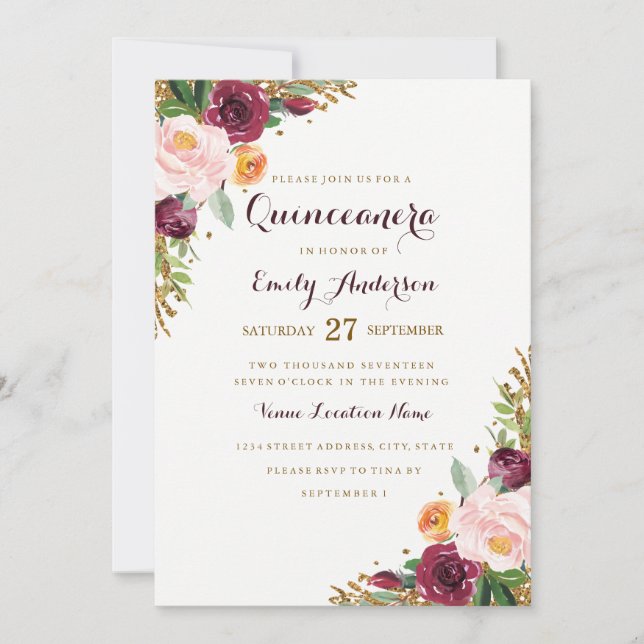 Burgundy Gold Floral Glitter Quinceanera Card (Front)