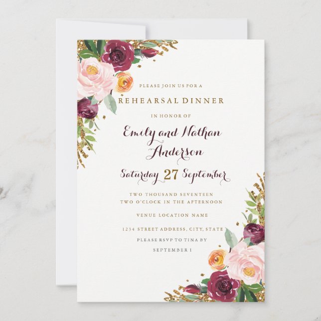 Burgundy Gold Floral Glitter Rehearsal Dinner Card (Front)