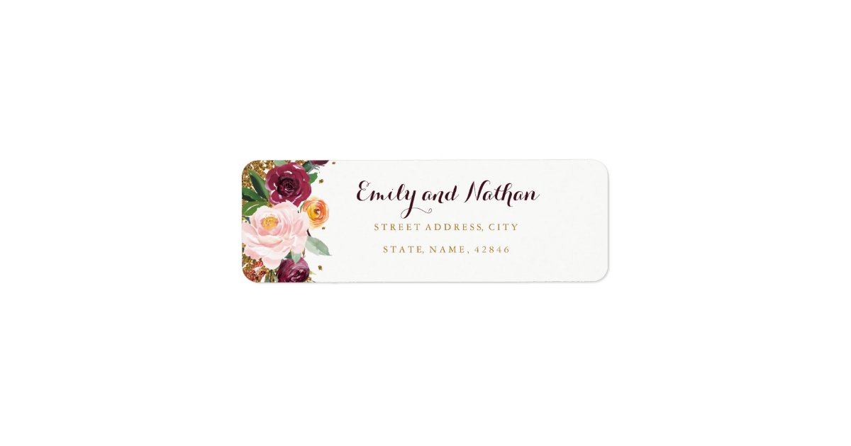 Burgundy Gold Floral Glitter Return Address Label | Zazzle