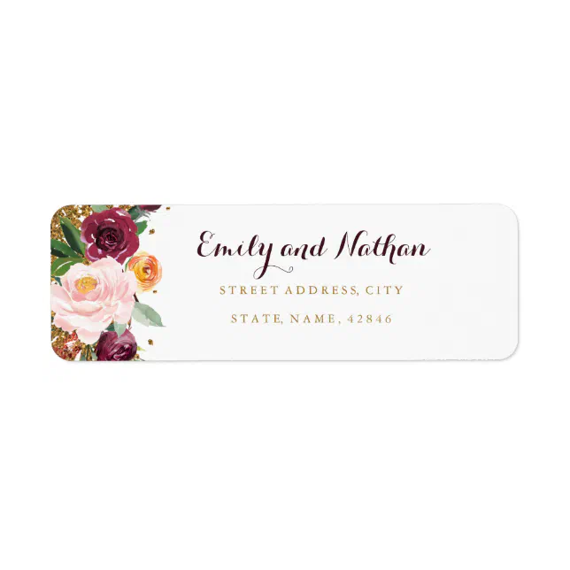 Burgundy Gold Floral Glitter Return Address Label | Zazzle