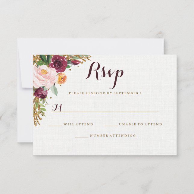 Burgundy Gold Floral Glitter Wedding RSVP (Front)
