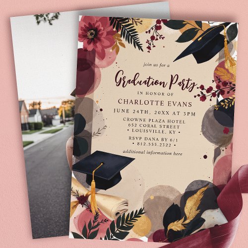 Graduation Invitations 4 Burgundy Gold Floral Graduation Party Invitation
