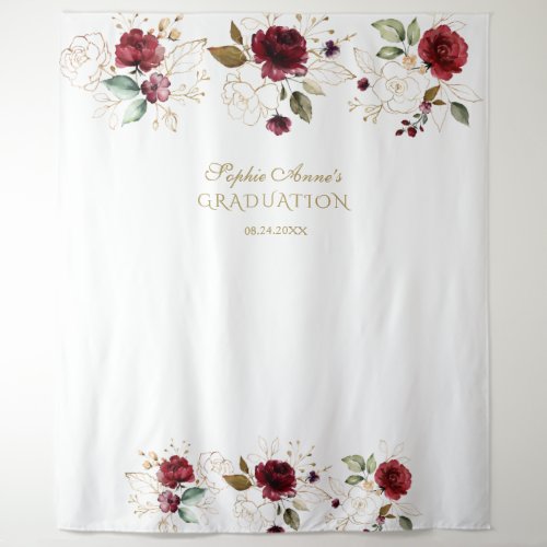 Burgundy Gold Floral Graduation Photo Booth Prop Tapestry