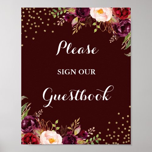 Burgundy Gold Floral Guestbook Wedding Sign