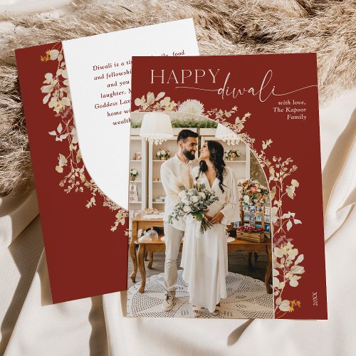 Burgundy Gold Floral Happy Diwali Photo Cards