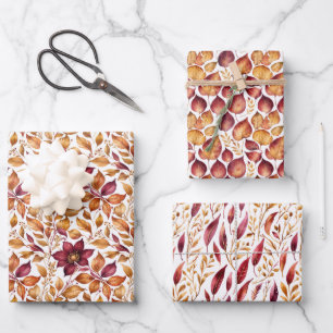 Burgundy & Gold Floral Leaf Pattern Wrapping Paper Sheets