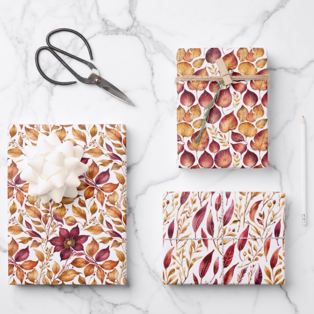 Burgundy & Gold Floral Leaf Pattern Wrapping Paper Sheets (Front)